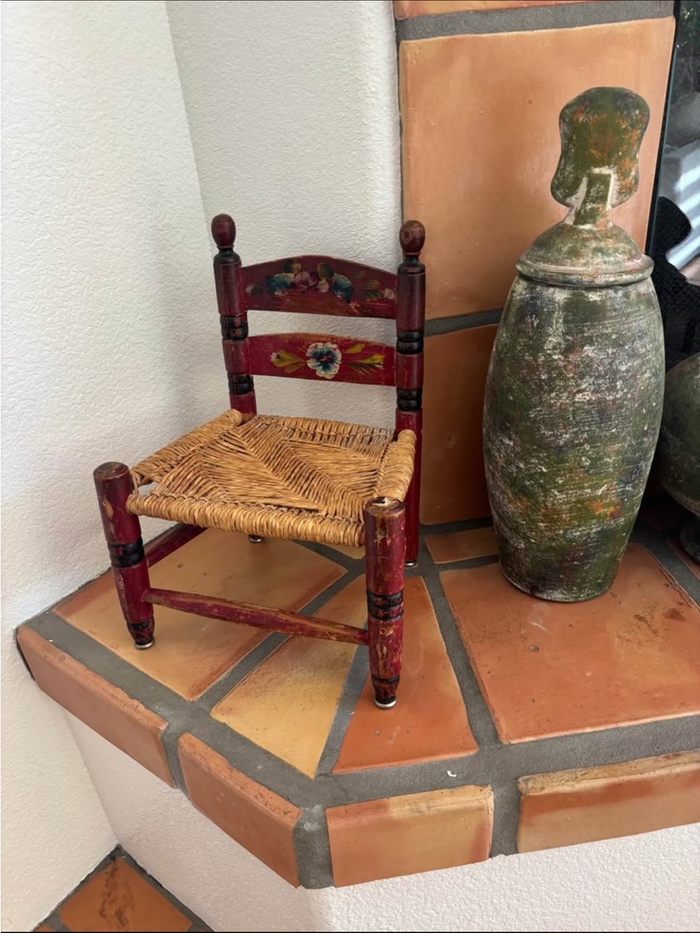 Vintage Hand-Painted Red decorative Chair with Woven Seat